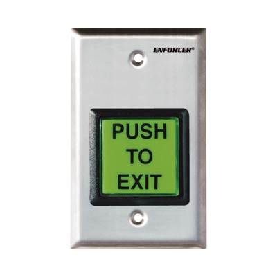 Botón de Salida / Con Iluminación / Con Placa de Pared de Acero Inoxidable / IP65 / Voltaje 12 / 24 Vcd / Mensaje de Idioma Intercambiable / 3 Placas de Idioma Incluidas