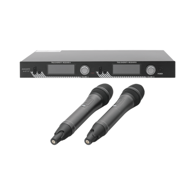 Sistema de Microfonía Inalámbrico UHF / 2 Micrófonos de Mano / 200 Canales / Alcance 100 m (328 ft) / Frecuencia 640-857 MHz / Batería 10-15 Horas