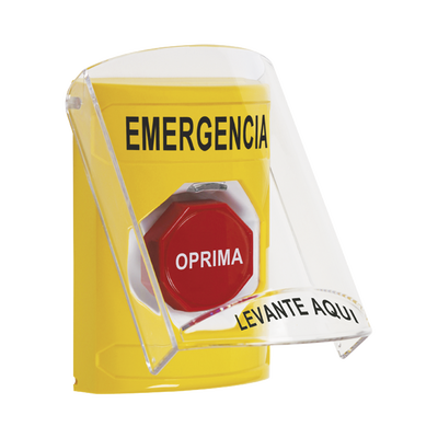 Botón Multipropósito, Color Amarillo, De Superficie, Con Tapa De Policarbonato, Con Bocina Pre Alarma, Solo Interior, Llave Para Restablecer, Texto De Emergencia, Español