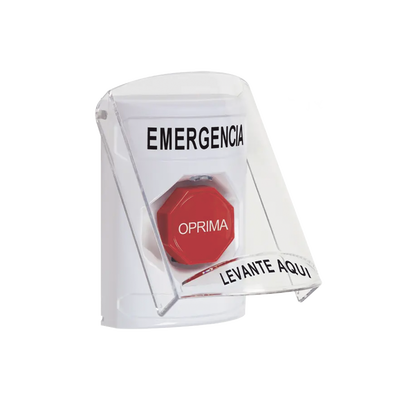 Botón Multipropósito, Color Blanco, De Superficie, Con Tapa De Policarbonato, Con Bocina Pre Alarma, Solo Interior, Llave Para Restablecer, Texto De Emergencia, Español