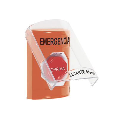 Botón Multipropósito, Color Naranja, De Superficie, Con Tapa De Policarbonato, Con Bocina Pre Alarma, Solo Interior, Llave Para Restablecer, Texto De Emergencia, Español