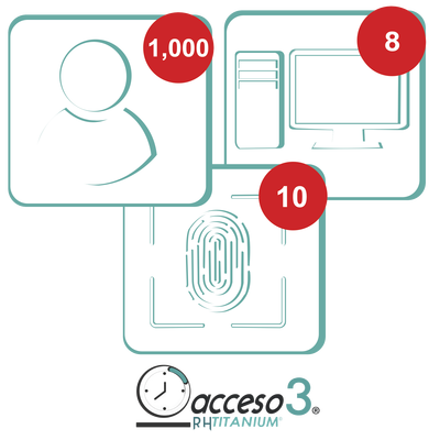 [BAJO PEDIDO] Licencia para software de Tiempo & Asistencia compatible con SISTEMAS DE NOMINA / 1,000 Empleados / 10 Relojes checadores / 10 PC / Acceso3 - TITANIUM