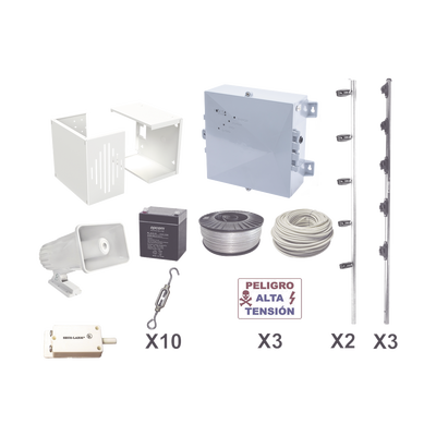 Kit de Cerco Eléctrico Perimetral / 25 m (82 ft) / 12,000V / Consumo 1.2 kW/mes / Tecnología SMT / Respaldo con Batería