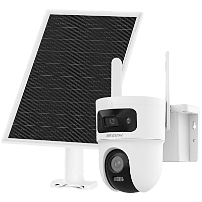 Kit Solar IP All in One Doble Lente / AOV / PT IP 4 Megapixel Lente 4 mm / Fijo 4 Megapixel Lente 2.8 mm / Panel Solar + Batería de Respaldo de Litio (9000 mAh) / Audio Bidireccional / Dual Light / IP66 / Micro SD