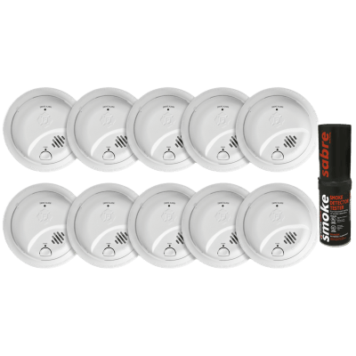 Kit de 10 Detectores de Humo Autónomos FIRST ALERT por Ionización / Alarma 85 dB / Botón Prueba y Silencio / Probador SABRE SDI