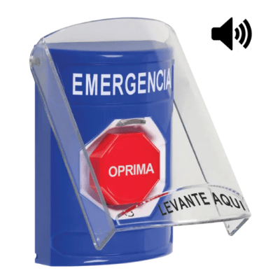 Botón Multipropósito, Color Azul, De Superficie, Con Tapa De Policarbonato, Con Bocina, Para Interior, Girar Para Restablecer, Texto De Emergencia, Español