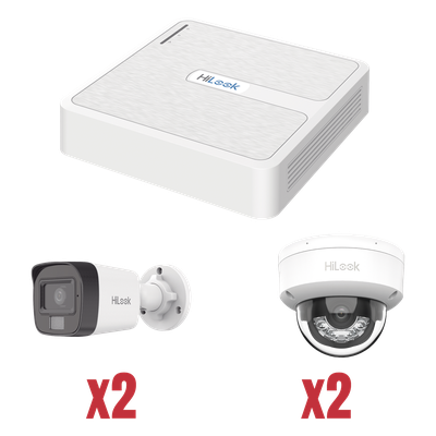 Kit de Videovigilancia IP / NVR 4 Canales PoE / 2 Cámaras Bala + 2 Cámaras Domo / 2 Megapixel / IR 30 m (98.4 ft) / Dual Light / 101° Ángulo de Visión
