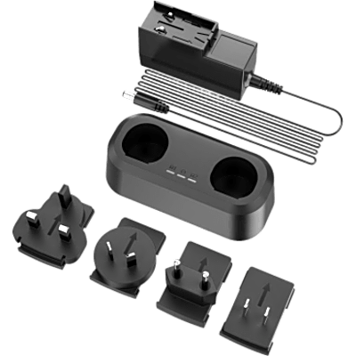 Cargador de Baterías de Doble Bahía para Serie M / 2 Baterías Simultáneas / 3 Indicadores LED / Adaptadores US, UK, EU, AU / 119.97 x 55 x 38.8 mm