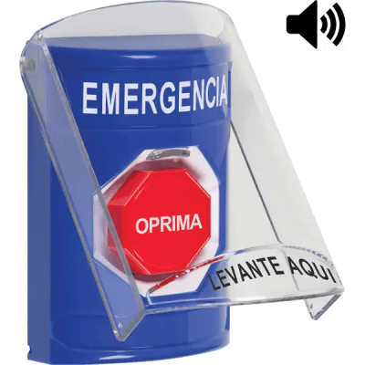 Botón Multipropósito, Color Azul, De Superficie, Con Tapa De Policarbonato, Con Bocina Pre Alarma, Solo Interior, Llave Para Restablecer, Texto De Emergencia, Español