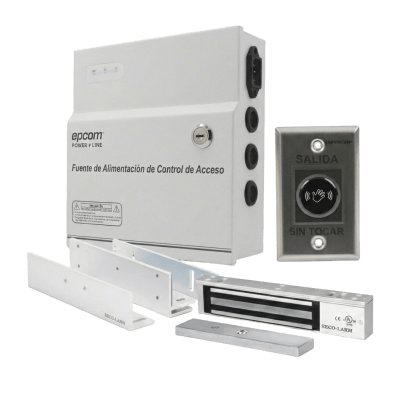 Kit de Control de Acceso / Fuente 12 VCD 5A / Chapa Magnética 600 lbs / Botón Sin Contacto / Montajes L y Z / Batería de Respaldo Opcional