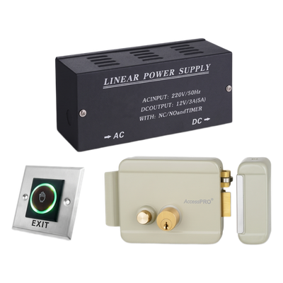 Kit Control de Acceso / Fuente 36W 13.2VCD / Cerradura Derecha / Botón IR 5-15 cm / Acero Inoxidable / Relevador NO-NC-COM