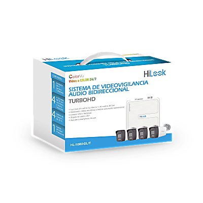 Kit TurboHD / DVR 4 Canales / 4 Cámaras Bala 1080p Lite / Visión Nocturna 20 m (65.6 ft) / Audio Bidireccional / Dual Light / H.265+ / Fuente de Poder Profesional / Cables Siameses 18 m (59.1 ft)