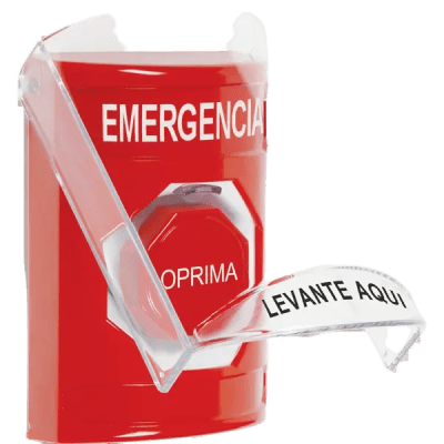 Botón Multipropósito, Color Rojo, De Superficie, Con Tapa De Policarbonato, Con Bocina Pre Alarma, Solo Interior, Llave Para Restablecer, Texto De Emergencia, Español