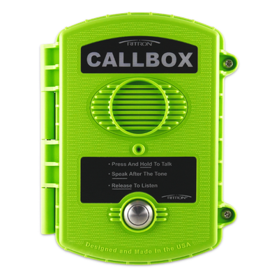 Callbox Inalámbrico UHF / Frecuencia 450-470 MHz / Gabinete IP57 Policarbonato / Alimentación Baterías D o Externa / Antena Interna Ajustable / Botón PTT Antivandálico