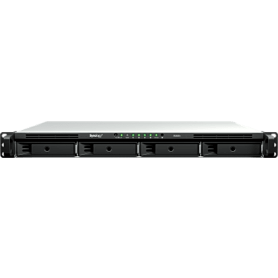 NAS Rackmount 4 Bahías / 1U 44 mm (1.73 in) / AMD Ryzen V1500B 4 Núcleos 2.2 GHz / 4GB DDR4 ECC SODIMM / 4x 1GbE RJ45 / PCIe 3.0 x8 / Escalable a 8 Bahías con RX426 / DSM / Storage Tiering