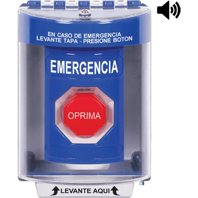 Botón Multipropósito, Color Azul, De Superficie con Espaciador, C/Tapa De Policarbonato, C/Bocina Pre Alarma, Interior/Exterior, Llave Para Restablecer, Texto De Emergencia, Español