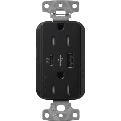 Receptáculo con USB Tipo A y C de 15 A 125 V, Power Delivery hasta 55 W, línea Claro acabado satinado Midnight